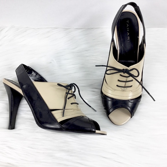 Tahari Shoes - Tahari Patent Peep Toe Slingback Oxford Heels